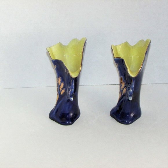 2 Antique Vases JACK-IN-THE PULPIT Ceramic Hand Painted Cobalt Blue Gold Vintage - Picture 4 of 10
